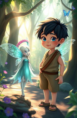 A serene and enchanting scene set in a fantasy forest, featuring a young boy named Lian, with tousled dark hair and mischievous bright blue eyes, standing next to a mystical sprite named Iliara, who has shimmering teal wings and glowing skin