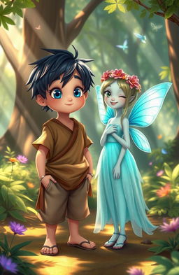 A serene and enchanting scene set in a fantasy forest, featuring a young boy named Lian, with tousled dark hair and mischievous bright blue eyes, standing next to a mystical sprite named Iliara, who has shimmering teal wings and glowing skin