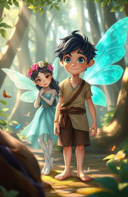 A serene and enchanting scene set in a fantasy forest, featuring a young boy named Lian, with tousled dark hair and mischievous bright blue eyes, standing next to a mystical sprite named Iliara, who has shimmering teal wings and glowing skin