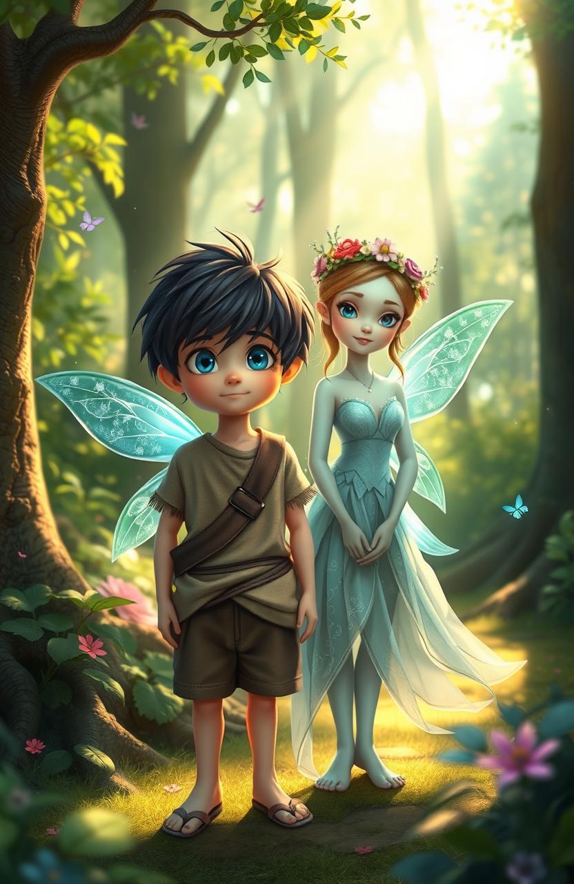 A serene and enchanting scene set in a fantasy forest, featuring a young boy named Lian, with tousled dark hair and mischievous bright blue eyes, standing next to a mystical sprite named Iliara, who has shimmering teal wings and glowing skin