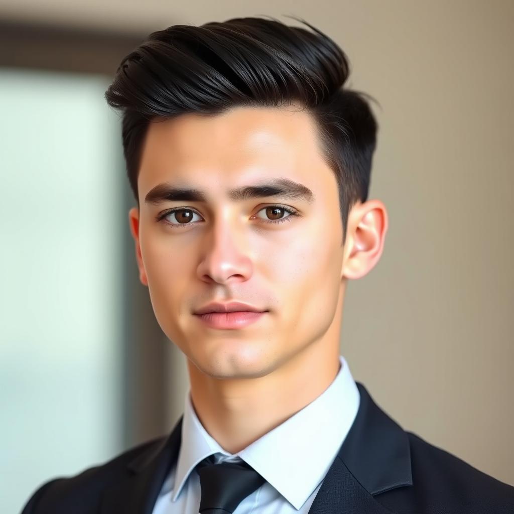 A 24 year old male with fair skin, dressed in formal attire, posing for a profile picture