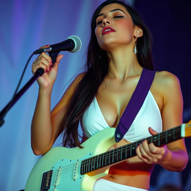 A deeply emotive scene of a woman fully absorbed in her music, playing both an electric guitar and a violet instrument