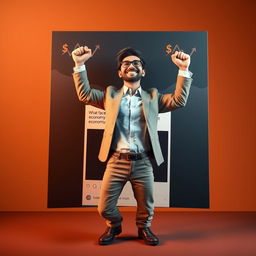 A dramatic 3D image of an adult person emerging triumphantly from a large Facebook post that displays a headline about a weak economy