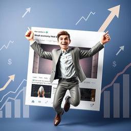 A dramatic 3D image of an adult person emerging triumphantly from a large Facebook post that displays a headline about a weak economy