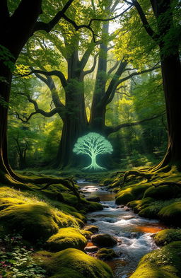 A mystical heart of the forest, surrounded by towering ancient trees with lush green leaves