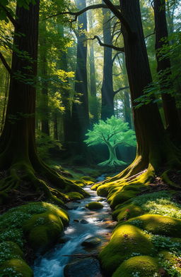 A mystical heart of the forest, surrounded by towering ancient trees with lush green leaves