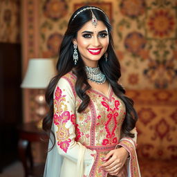 A beautiful Iranian bride, showcasing traditional Persian attire with intricate embroidery and vibrant colors, standing gracefully