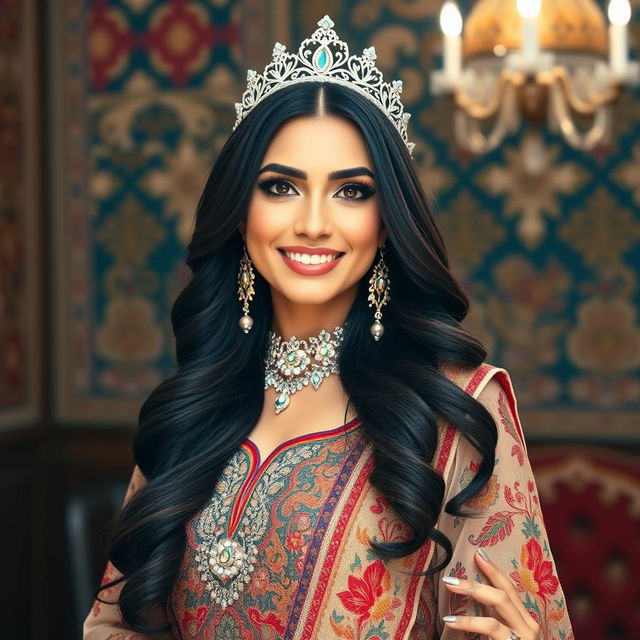 A beautiful Iranian bride, showcasing traditional Persian attire with intricate embroidery and vibrant colors, standing gracefully