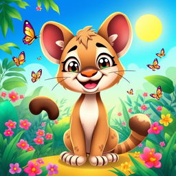 A cute cartoon puma character, smiling happily in a vibrant and colorful jungle setting filled with tropical plants and flowers, cartoonish style, exaggerated features, big sparkling eyes, and a fluffy tail