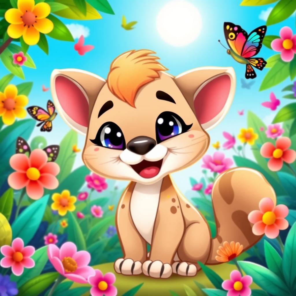 A cute cartoon puma character, smiling happily in a vibrant and colorful jungle setting filled with tropical plants and flowers, cartoonish style, exaggerated features, big sparkling eyes, and a fluffy tail