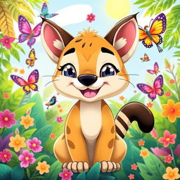 A cute cartoon puma character, smiling happily in a vibrant and colorful jungle setting filled with tropical plants and flowers, cartoonish style, exaggerated features, big sparkling eyes, and a fluffy tail