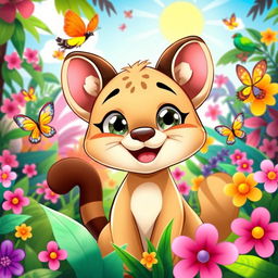 A cute cartoon puma character, smiling happily in a vibrant and colorful jungle setting filled with tropical plants and flowers, cartoonish style, exaggerated features, big sparkling eyes, and a fluffy tail