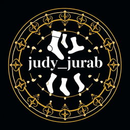 A round logo design for a sock store named 'judy_jurab', featuring elegant golden and white colors