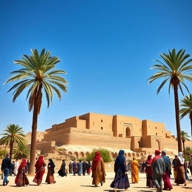 The majestic Bam Citadel set in the Achaemenid period, showcasing its ancient mudbrick architecture under a clear blue sky