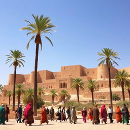 The majestic Bam Citadel set in the Achaemenid period, showcasing its ancient mudbrick architecture under a clear blue sky
