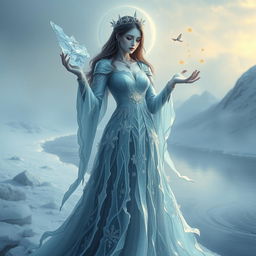 A captivating and mysterious portrayal of Ledena, the Goddess of Eternal Cold, depicted as an ethereal figure embodying the essence of winter and the afterlife