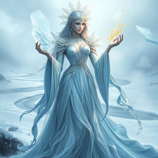 A captivating and mysterious portrayal of Ledena, the Goddess of Eternal Cold, depicted as an ethereal figure embodying the essence of winter and the afterlife