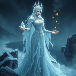 A captivating and mysterious portrayal of Ledena, the Goddess of Eternal Cold, depicted as an ethereal figure embodying the essence of winter and the afterlife