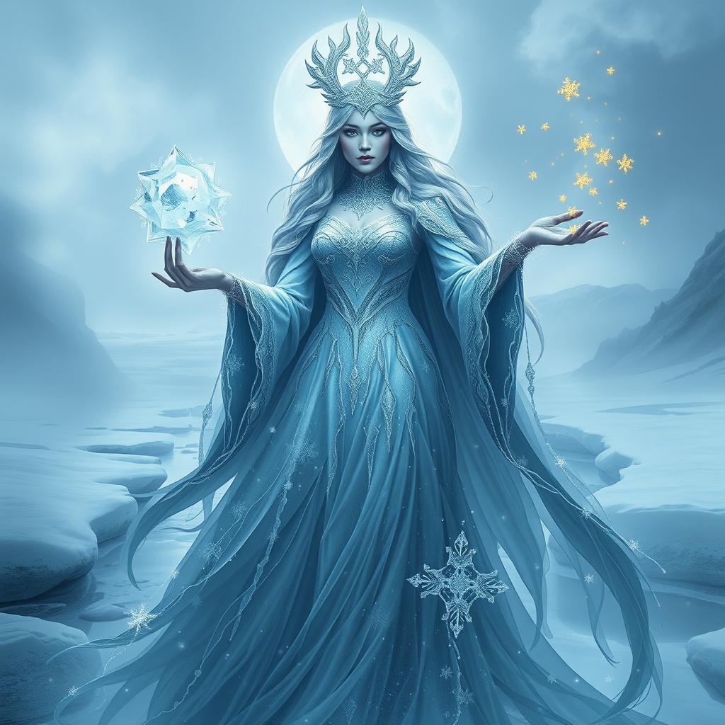 A captivating and mysterious portrayal of Ledena, the Goddess of Eternal Cold, depicted as an ethereal figure embodying the essence of winter and the afterlife