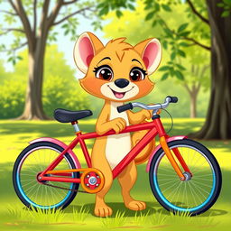 A cute cartoon puma holding a bicycle, with a cheerful and playful expression