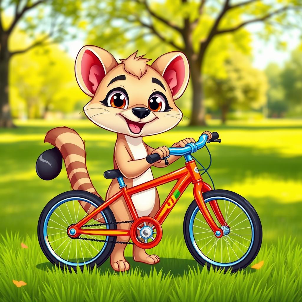 A cute cartoon puma holding a bicycle, with a cheerful and playful expression