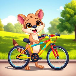 A cute cartoon puma holding a bicycle, with a cheerful and playful expression