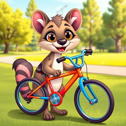 A cute cartoon puma holding a bicycle, with a cheerful and playful expression
