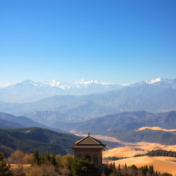 A breathtaking landscape of Iran's diverse geography, showcasing the majestic Alborz mountain range with snow-capped peaks contrasting against a clear blue sky, and the vibrant greenery of northern forests in the foreground