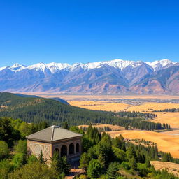 A breathtaking landscape of Iran's diverse geography, showcasing the majestic Alborz mountain range with snow-capped peaks contrasting against a clear blue sky, and the vibrant greenery of northern forests in the foreground