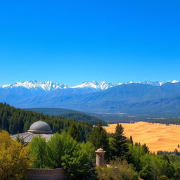 A breathtaking landscape of Iran's diverse geography, showcasing the majestic Alborz mountain range with snow-capped peaks contrasting against a clear blue sky, and the vibrant greenery of northern forests in the foreground