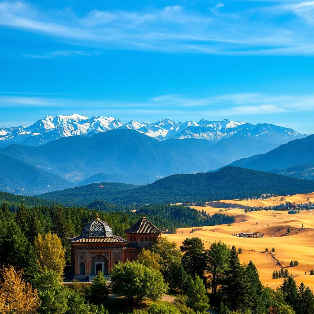 A breathtaking landscape of Iran's diverse geography, showcasing the majestic Alborz mountain range with snow-capped peaks contrasting against a clear blue sky, and the vibrant greenery of northern forests in the foreground