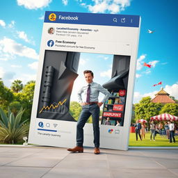A captivating 3D image of an adult person dramatically exiting a stylized Facebook post that depicts a collapsed economy, characterized by dark colors, broken graphs, and empty pockets