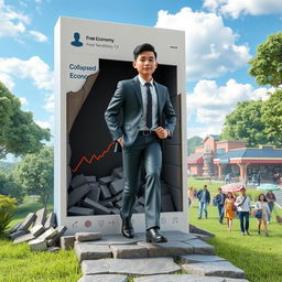 A captivating 3D image of an adult person dramatically exiting a stylized Facebook post that depicts a collapsed economy, characterized by dark colors, broken graphs, and empty pockets