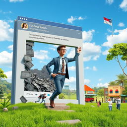 A captivating 3D image of an adult person dramatically exiting a stylized Facebook post that depicts a collapsed economy, characterized by dark colors, broken graphs, and empty pockets