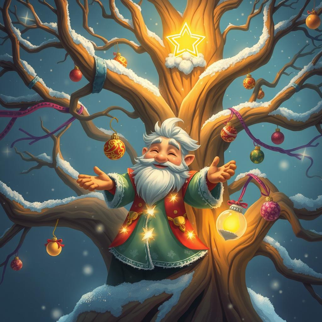 A whimsical and enchanting portrayal of Yolkovit, the Spirit of the Yolkoles Tree, depicted as a jovial and slightly forgetful figure embodying the essence of winter celebrations