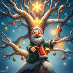 A whimsical and enchanting portrayal of Yolkovit, the Spirit of the Yolkoles Tree, depicted as a jovial and slightly forgetful figure embodying the essence of winter celebrations