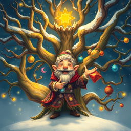 A whimsical and enchanting portrayal of Yolkovit, the Spirit of the Yolkoles Tree, depicted as a jovial and slightly forgetful figure embodying the essence of winter celebrations