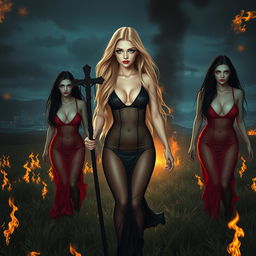 A beautiful 18-year-old girl with long, flowing blonde hair, a thin face, and an innocent yet sexy appearance is walking through a haunting field at midnight
