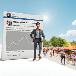 A stunning 3D image of an adult person gracefully exiting a large Facebook post that illustrates a depressed economy, characterized by muted colors, sad expressions, and somber imagery like declining graphs