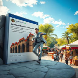 A stunning 3D image of an adult person gracefully exiting a large Facebook post that illustrates a depressed economy, characterized by muted colors, sad expressions, and somber imagery like declining graphs