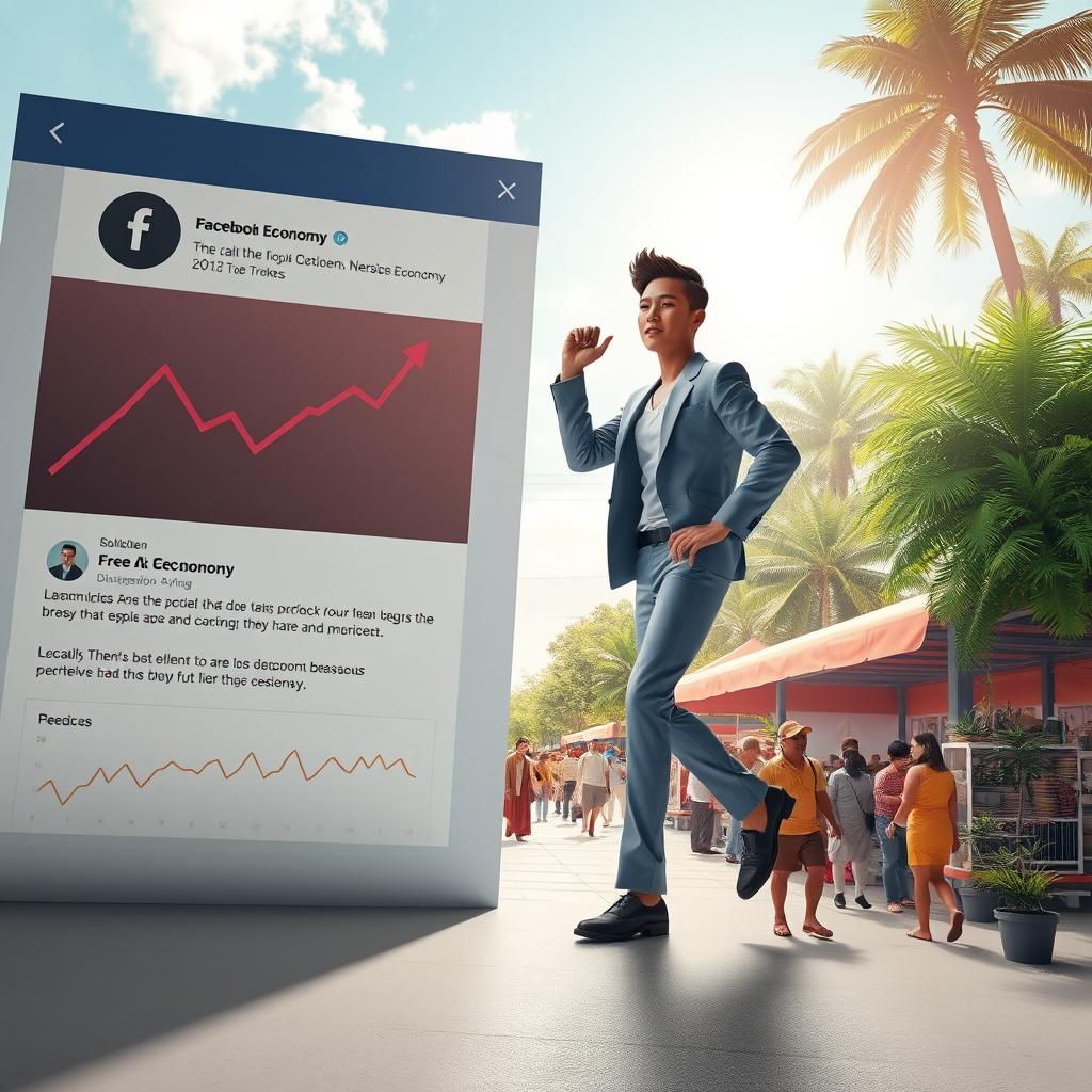 A stunning 3D image of an adult person gracefully exiting a large Facebook post that illustrates a depressed economy, characterized by muted colors, sad expressions, and somber imagery like declining graphs