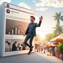 A stunning 3D image of an adult person gracefully exiting a large Facebook post that illustrates a depressed economy, characterized by muted colors, sad expressions, and somber imagery like declining graphs