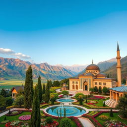 A breathtaking landscape of Iran showcasing its diverse scenery, featuring the stunning mountains of Alborz, lush green valleys, and ancient Persian architecture like the Nasir al-Mulk Mosque with vibrant stained glass windows
