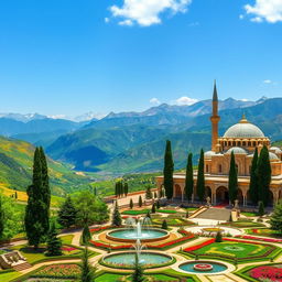 A breathtaking landscape of Iran showcasing its diverse scenery, featuring the stunning mountains of Alborz, lush green valleys, and ancient Persian architecture like the Nasir al-Mulk Mosque with vibrant stained glass windows