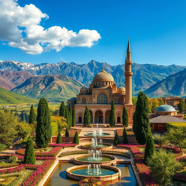 A breathtaking landscape of Iran showcasing its diverse scenery, featuring the stunning mountains of Alborz, lush green valleys, and ancient Persian architecture like the Nasir al-Mulk Mosque with vibrant stained glass windows