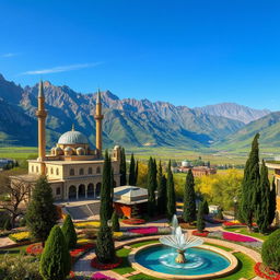 A breathtaking landscape of Iran showcasing its diverse scenery, featuring the stunning mountains of Alborz, lush green valleys, and ancient Persian architecture like the Nasir al-Mulk Mosque with vibrant stained glass windows