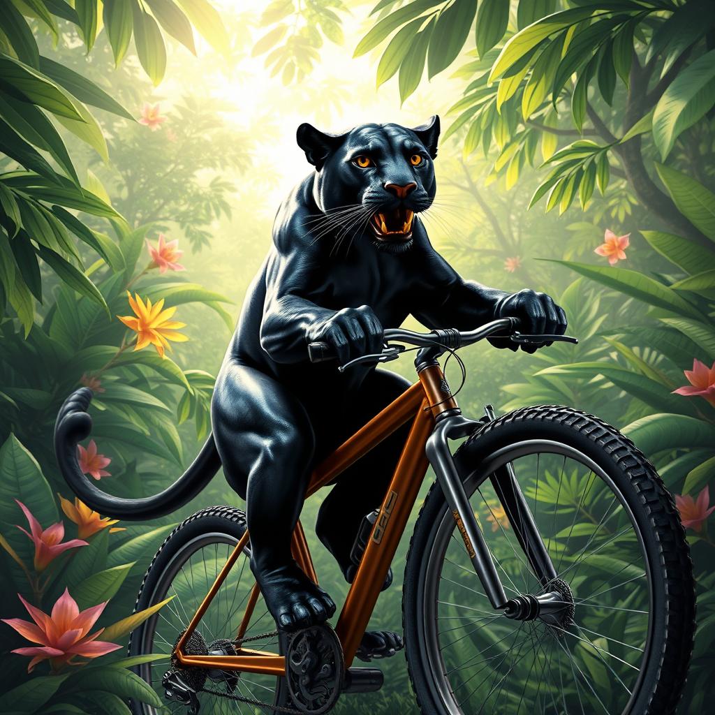 A dynamic and imaginative scene of a majestic panther riding a bicycle through a lush jungle