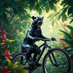 A dynamic and imaginative scene of a majestic panther riding a bicycle through a lush jungle