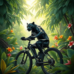 A dynamic and imaginative scene of a majestic panther riding a bicycle through a lush jungle