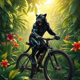 A dynamic and imaginative scene of a majestic panther riding a bicycle through a lush jungle